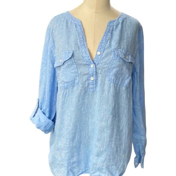 Talbots Light Blue LINEN Camp Blouse Size LARGE PETITE - Picture 3 of 10